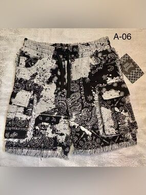 rebels Black & White Paisley Fringed Cargo Shorts